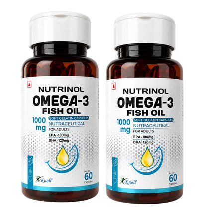 Knoll Nutrinol Fish Oil Omega 3 Capsules 1000mg | EPA & DHA Softgels for Heart, Brain, Bones & Joint Support | Daily Omega 3 Supplement for Men & Women | 60 Capsules (Pack of 2)