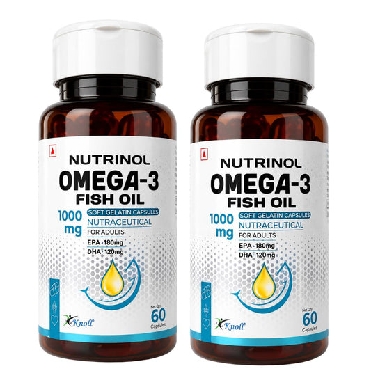Knoll Nutrinol Fish Oil Omega 3 Capsules 1000mg | EPA & DHA Softgels for Heart, Brain, Bones & Joint Support | Daily Omega 3 Supplement for Men & Women | 60 Capsules (Pack of 2)