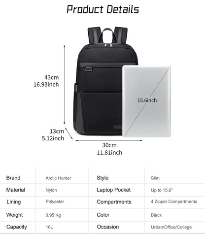 Arctic Hunter Slim Laptop Backpack for Men Women 16L Nylon Water Repellent Lightweight Multiple Pockets Daily Backpack with Metal Buckle for Daily Office College (Black)