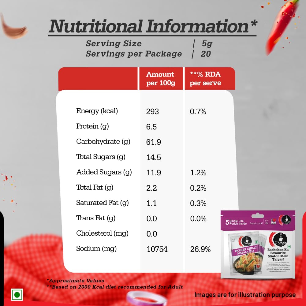 Ching’s Secret Paneer Chilli Masala Mix, 100g, Easy To Cook, Meal Kit, Cooks in 4/5Mins, 1 Pouch Serves 4, Pack of 5 Single Use Pouches