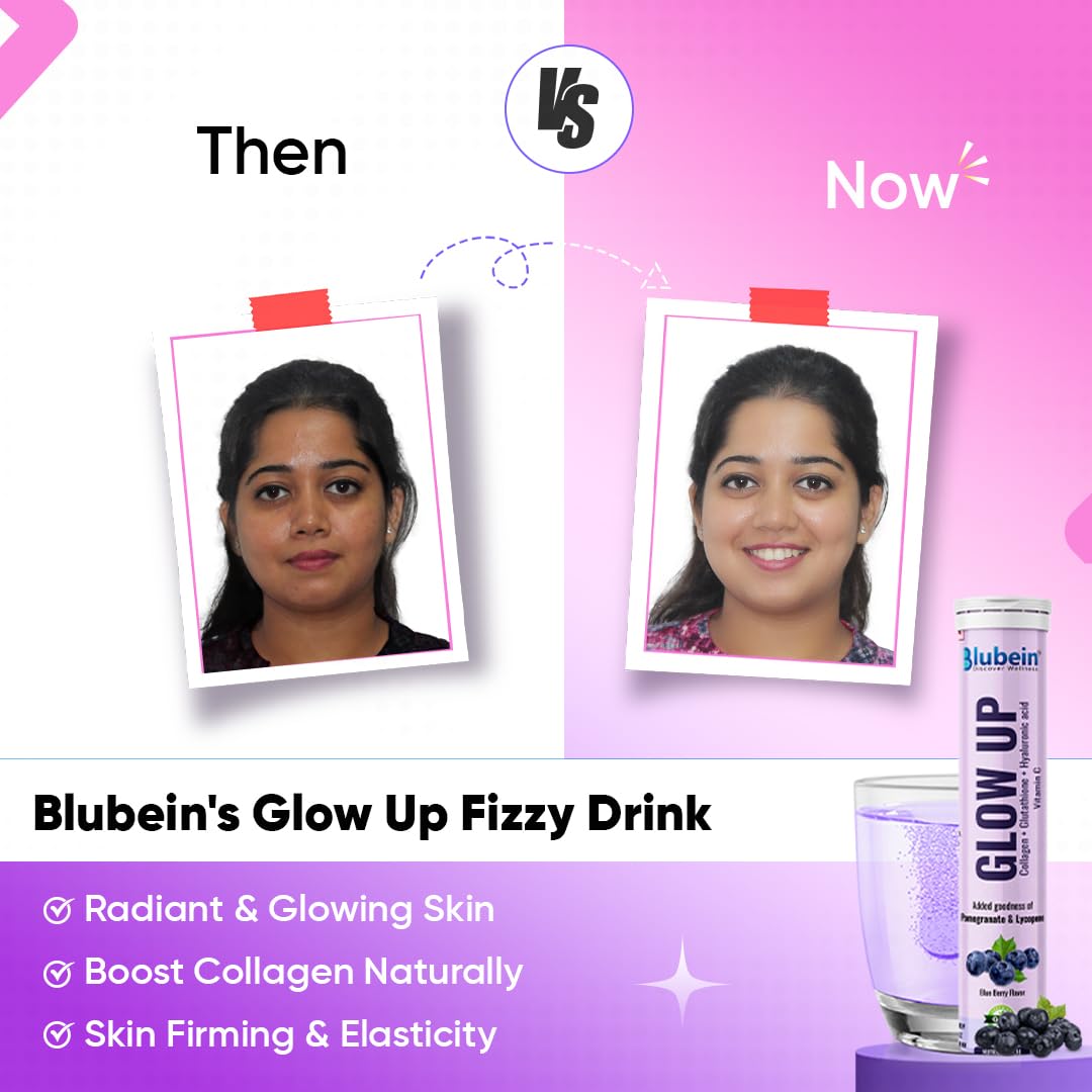 Blubein Glow Up - Radiant Skin Care Drink | 1000mg Marine Collagen with Glutathione & Vitamin C for Youthful Skin | Green Tea Extract – Blueberry Flavor for Men & Women