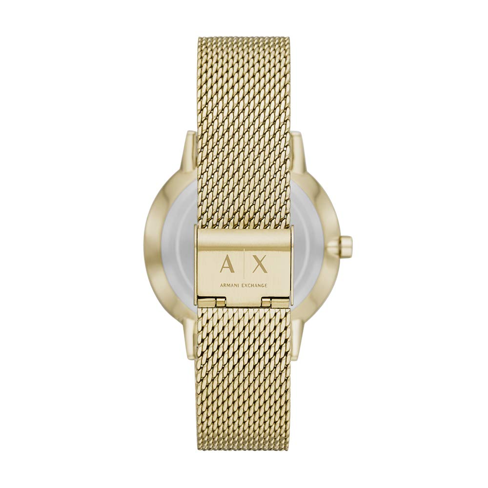Armani Exchange Mens Stainless Steel Three Hand Dress Analog Watch, Black/Gold Mesh, Band Color:Gold