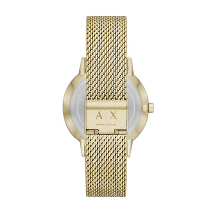 Armani Exchange Mens Stainless Steel Three Hand Dress Analog Watch, Black/Gold Mesh, Band Color:Gold