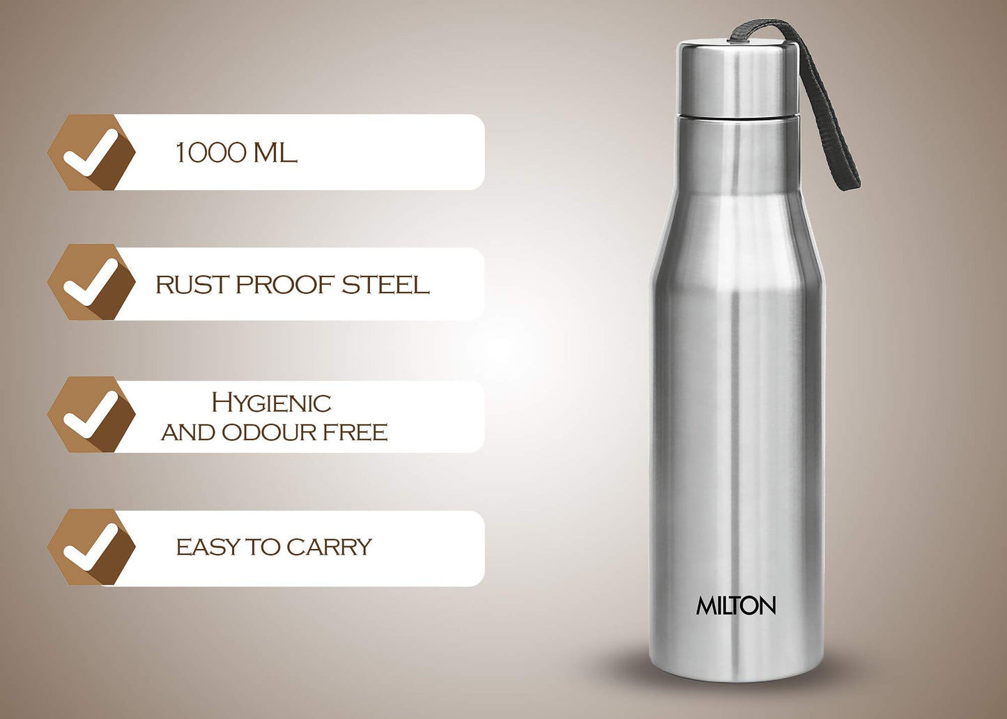 MILTON Copper Charge 1000 Water Bottle, 960 ml, 1 Piece, Copper Super 1000 Single Wall Stainless Steel Bottle, 1000 ml, Silver