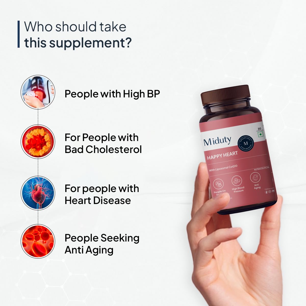 Miduty Happy Heart - Liposomal High Absorption CoQ10-300 mg With Methyl Folate, D-Chiro-Inositol, Magnesium | Helps in Blood Pressure Control & Heart Health Supplement - 30 Capsules