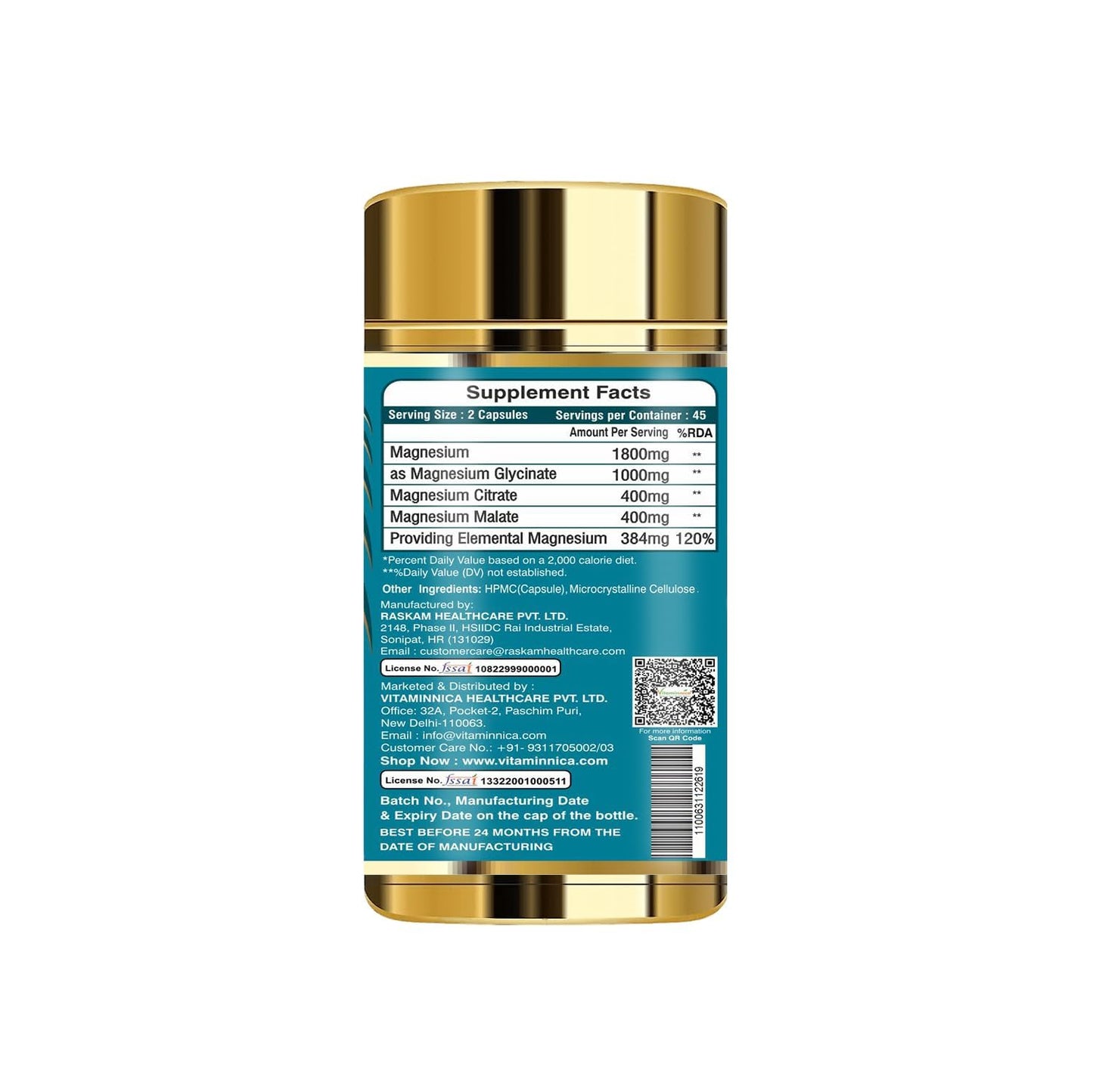 Vitaminnica Magnesium 3-in-1 Complex | Glycinate, Citrate, Malate | High Absorption | 90 Vegan Capsules | Muscle Relaxation, Sleep Support, Stress Relief, Bone & Nerve Health