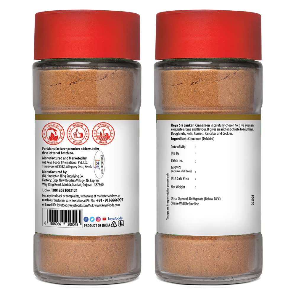 Keya Srilankan Certified Cinnamon Powder | Dalchini Powder | Ceylon Cinnamon | Non Cassia | Sourced from Sri Lanka | 100% Pure & Natural | Packed with Zero Preservatives or Additives | Indian Spices Aroma & Flavour | 45g
