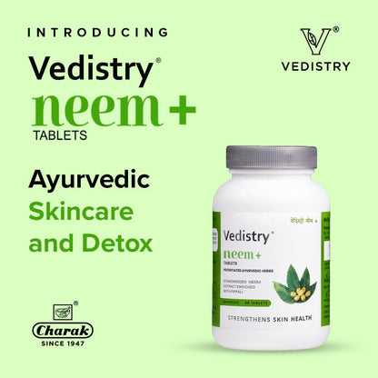 Vedistry Neem+ Tablets | Promotes Skin Health | Control Acne, dark spot & Blemishes | Natural Blood Purifier (60 Tablets in one bottle)