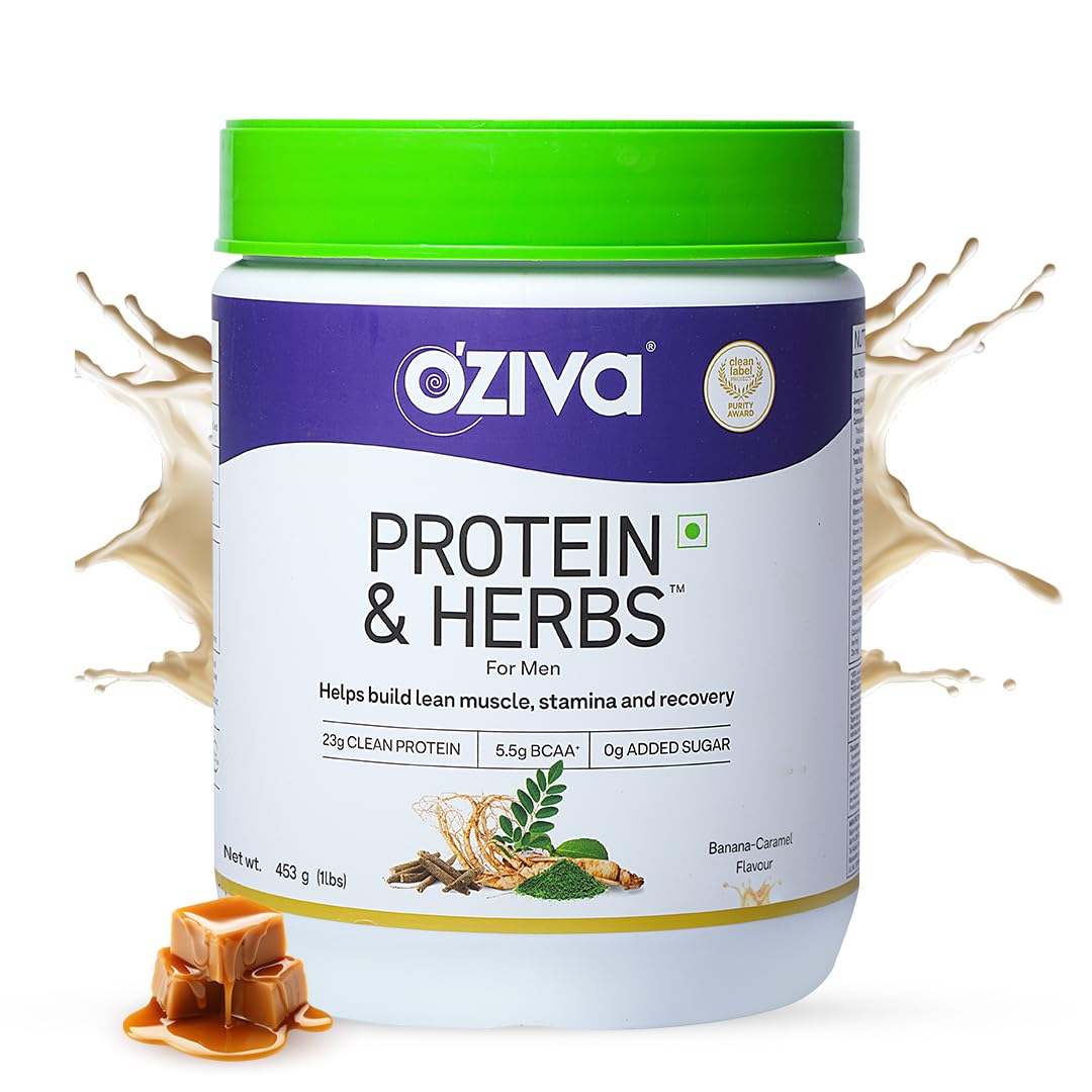 OZiva Protein & Herbs for Men (Banana Caramel) Clean Protein, Shatavari, Green T