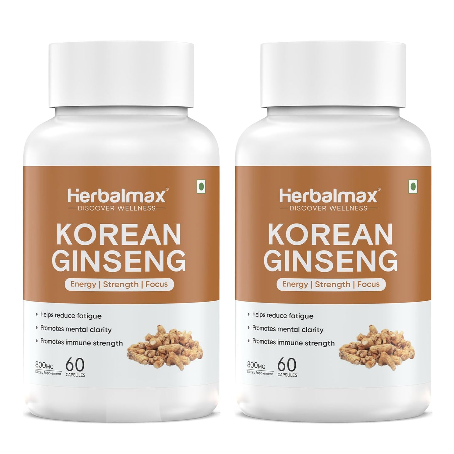 Herbalmax Korean Ginseng Capsules | Supports Immunity, Stamina & Energy | Natural Stress Relief & Vitality Booster Ayurvedic Supplement for Men & Women | Pack of 2, 60 Veg Capsules Each