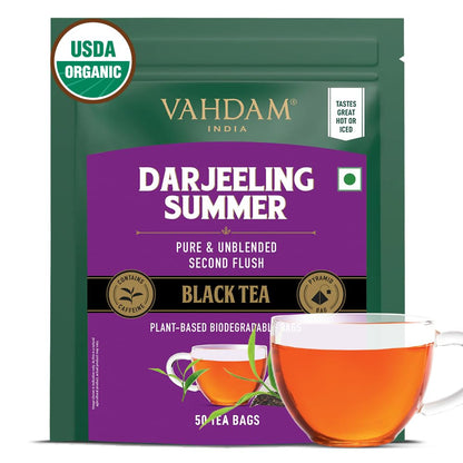 VAHDAM, Organic Darjeeling Black Tea Bags - 50 Pyramid Tea Bags | High Caffeine, Non-GMO, Gluten-Free | Robust & Flavoury | Unblended Second Flush Darjeeling Tea Bags | Resealable Ziplock Pouch