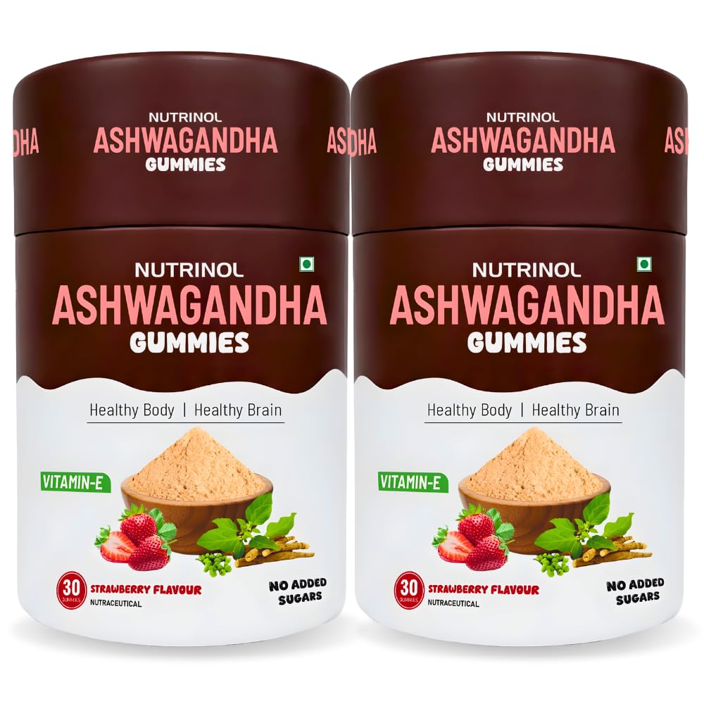 Knoll Healthcare Nutrinol Ashwagandha Gummies for Men & Women | 250mg Withania Somnifera + Vitamin E | Stress Relief, Energy, Brain Support | No Added Sugar | Strawberry Flavour | 60 Gummies