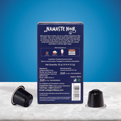 COFFEEZA Delights Namaste Noir Coffee Capsules (Budget-Friendly) Nespresso Compatible Coffee Capsules|10 Coffee Pods, 90 Gram