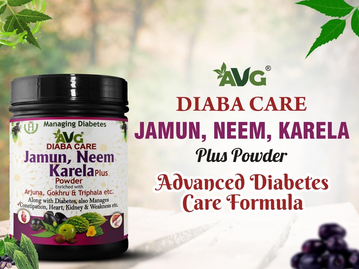 AVG Health Organics Jamun, Neem & Karela Plus Powder 200g, Diabetes Care Ayurvedic Supplement with Arjuna, Gokhru & Triphala for Diabetes Care and Weakness.