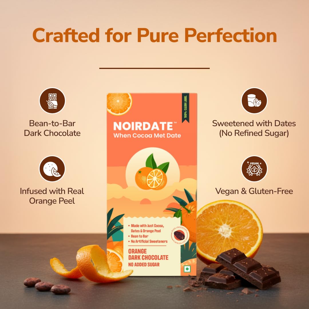 NoirDate Orange Dark Chocolate - 75g, Bean to Bar, Sweetened with Dates, Refined Sugar Free, Clean Label, Healthy & Tasty Indulgence, Vegan, Gluten-Free, Antioxidant Rich (Pack of 1)