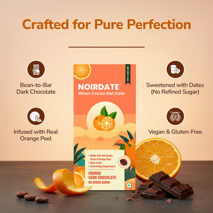NoirDate Orange Dark Chocolate - 75g, Bean to Bar, Sweetened with Dates, Refined Sugar Free, Clean Label, Healthy & Tasty Indulgence, Vegan, Gluten-Free, Antioxidant Rich (Pack of 1)