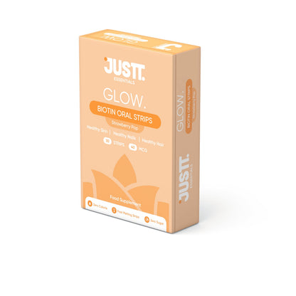 JUSTT ESSENTIALS Glow Biotin Oral Strips, 10,000 mcg Sesbania Extract, Strawberry Pop Flavor, 30 Fast Dissolving Strips, Vegan Plant-Based Supplement for Hair Growth, Glowing Skin & Strong Nails