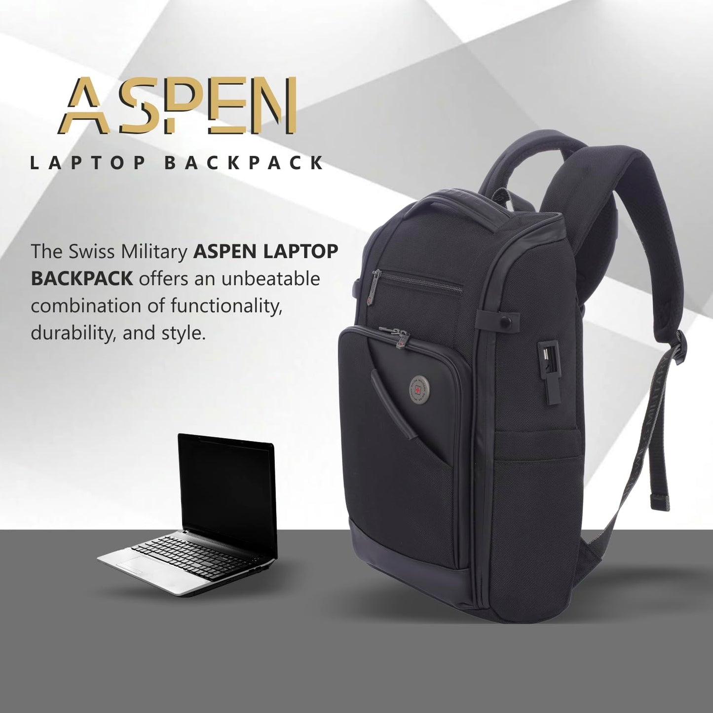 SWISS MILITARY Aspen Laptop Backpack 15.6 Inch with USB Charging Port, Quick Access Pockets, iPad Compartment, Mesh Bottle Holders, 16L Compact Travel Office College Bag for Men Women, Black