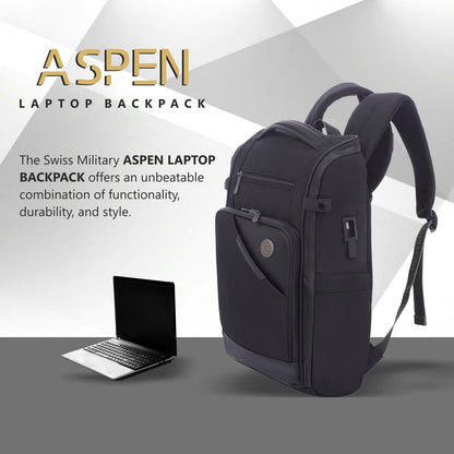 SWISS MILITARY Aspen Laptop Backpack 15.6 Inch with USB Charging Port, Quick Access Pockets, iPad Compartment, Mesh Bottle Holders, 16L Compact Travel Office College Bag for Men Women, Black