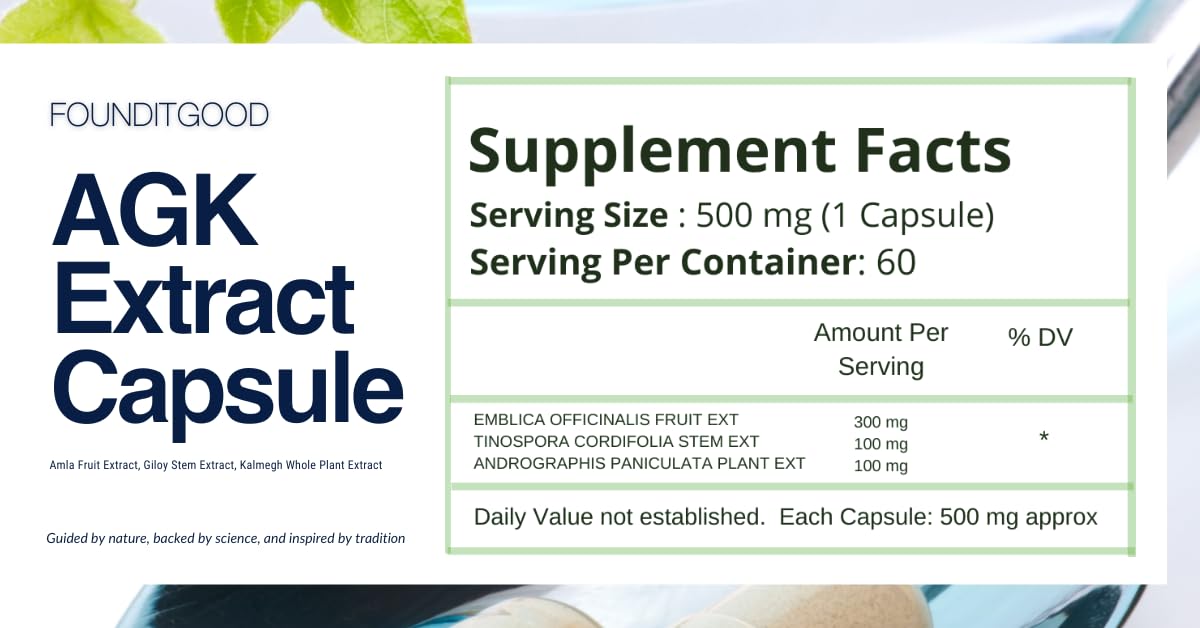 FounditGood FiG Nutra’s AGK Extract Capsules | Herbal Immune Support Supplement | Amla, Giloy, Kalmegh Extracts Blend | 60 Veg Capsules