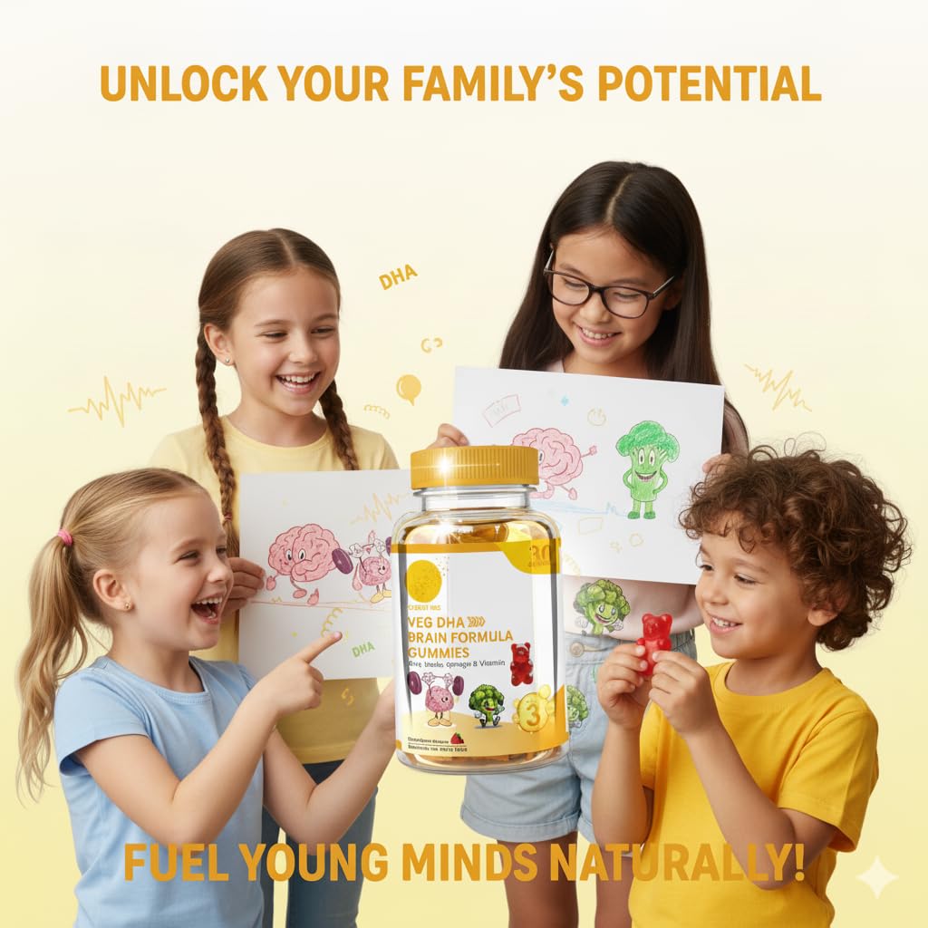 VEG DHA Brain Formula Gummies | Plant-Based Algal DHA with Omega Vitamins | With Ashwagandha, Shankhpushpi & Ginkgo Biloba