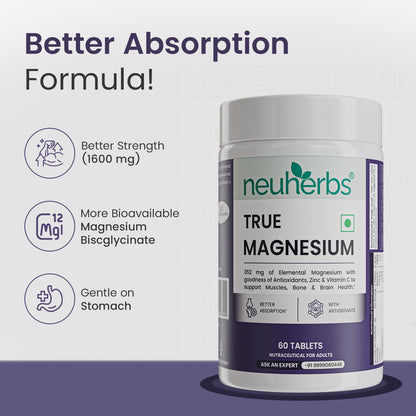 Neuherbs Magnesium Bisglycinate Tablets 1600mg | Chelated High Absorption Form True Magnesium with Zinc & Vitamin C | Supports Sleep, Muscle Recovery & Joint Health | 60 Tablets