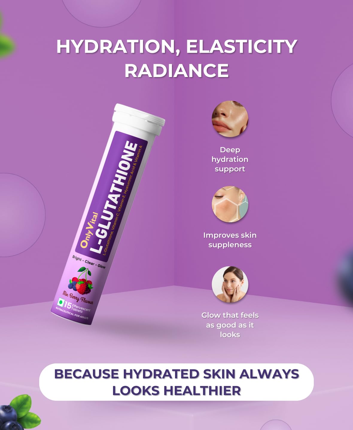 OnlyVital L-Glutathione Effervescent Tablets with Vitamin C, Vitamin E, Hyaluronic Acid & Vitamin A | Skin Brightening & Glow Support | Mixed Berry Flavour | (1)