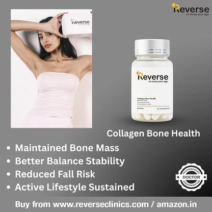 Reverse Clinics Collagen Bone Health- 60 Tablets | 500mg Calcium + Vitamin D3 & K2 | Supports Strong Bones, Joint Mobility & Skin Elasticity | Hyaluronic Acid, Curcumin & Biotin Blend