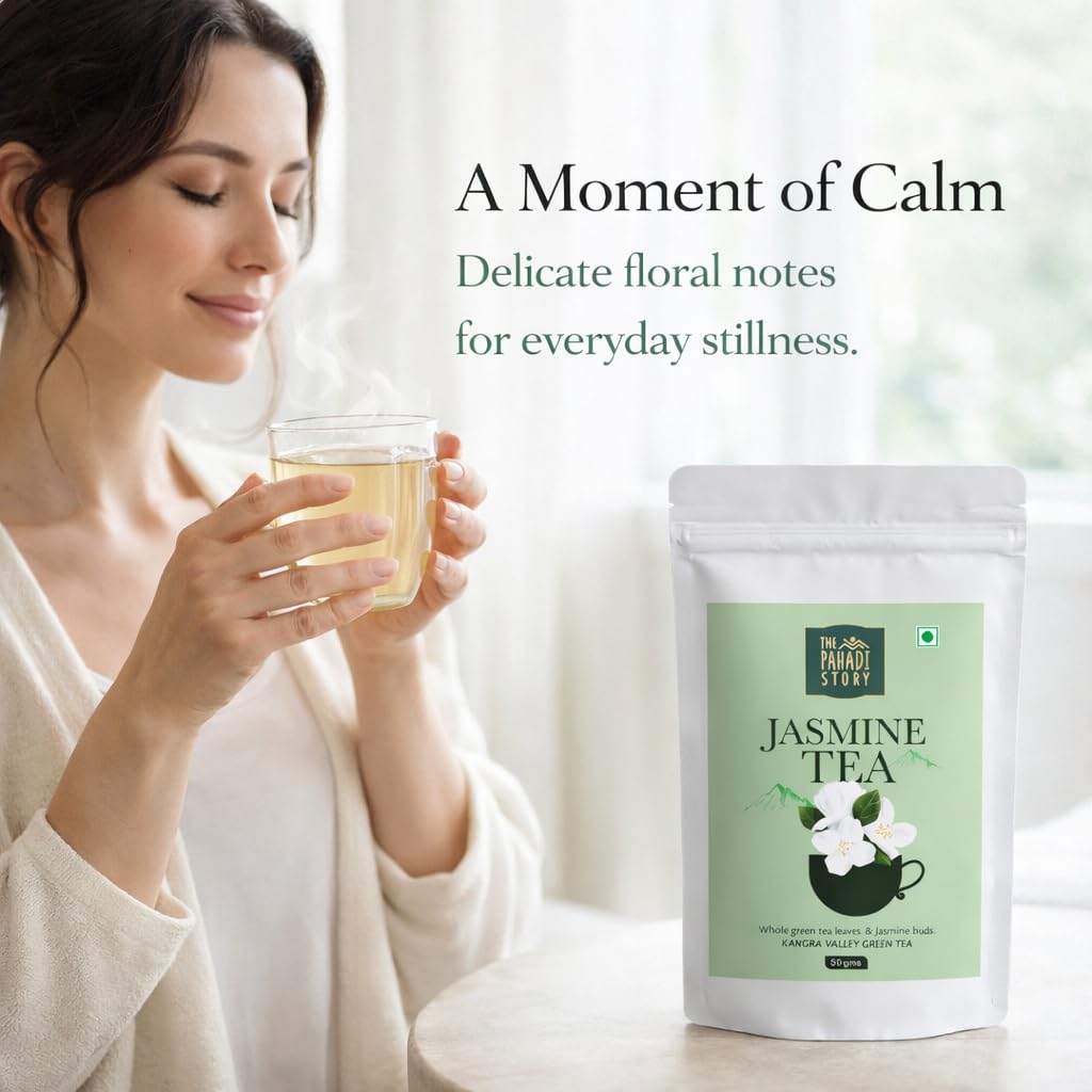 The Pahadi Story Jasmine Tea 50gm Natural Dried Jasmine Flowers With Green Tea Leaf For Weight Management, Healthy Heart and Good Oral Health, Antioxidant Herbal Green Tea