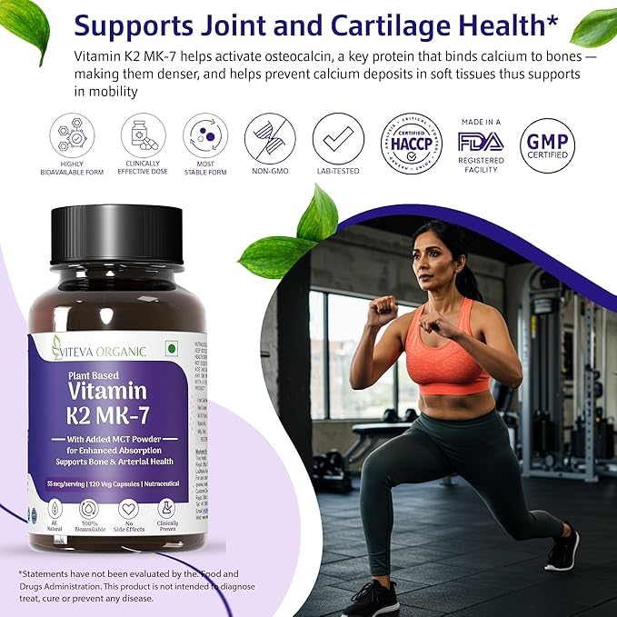 Viteva Organic Vitamin K2 MK7 100 Percent Vegetarian Capsules With MCT Powder For Bone Strength Vitamin K2 Support Calcium Absorption Multi Vitamin Supplement For Men And Women (120 Count)