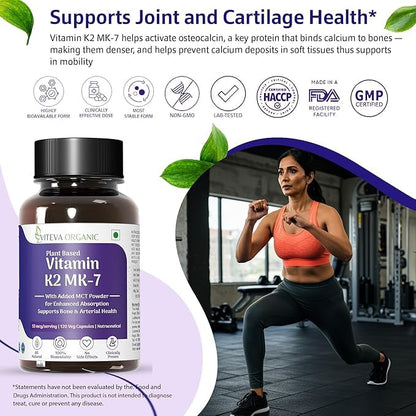 Viteva Organic Vitamin K2 MK7 100 Percent Vegetarian Capsules With MCT Powder For Bone Strength Vitamin K2 Support Calcium Absorption Multi Vitamin Supplement For Men And Women (120 Count)