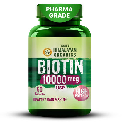 Vlado's Himalayan Organics Biotin 10000mcg – Pharma Grade Biotin Supplement for Hair Growth, Glowing Skin & Strong Nails – 60 Tablets | Supports Healthy Hair, Fights Hair Fall & Nail Brittleness | For Men & Women