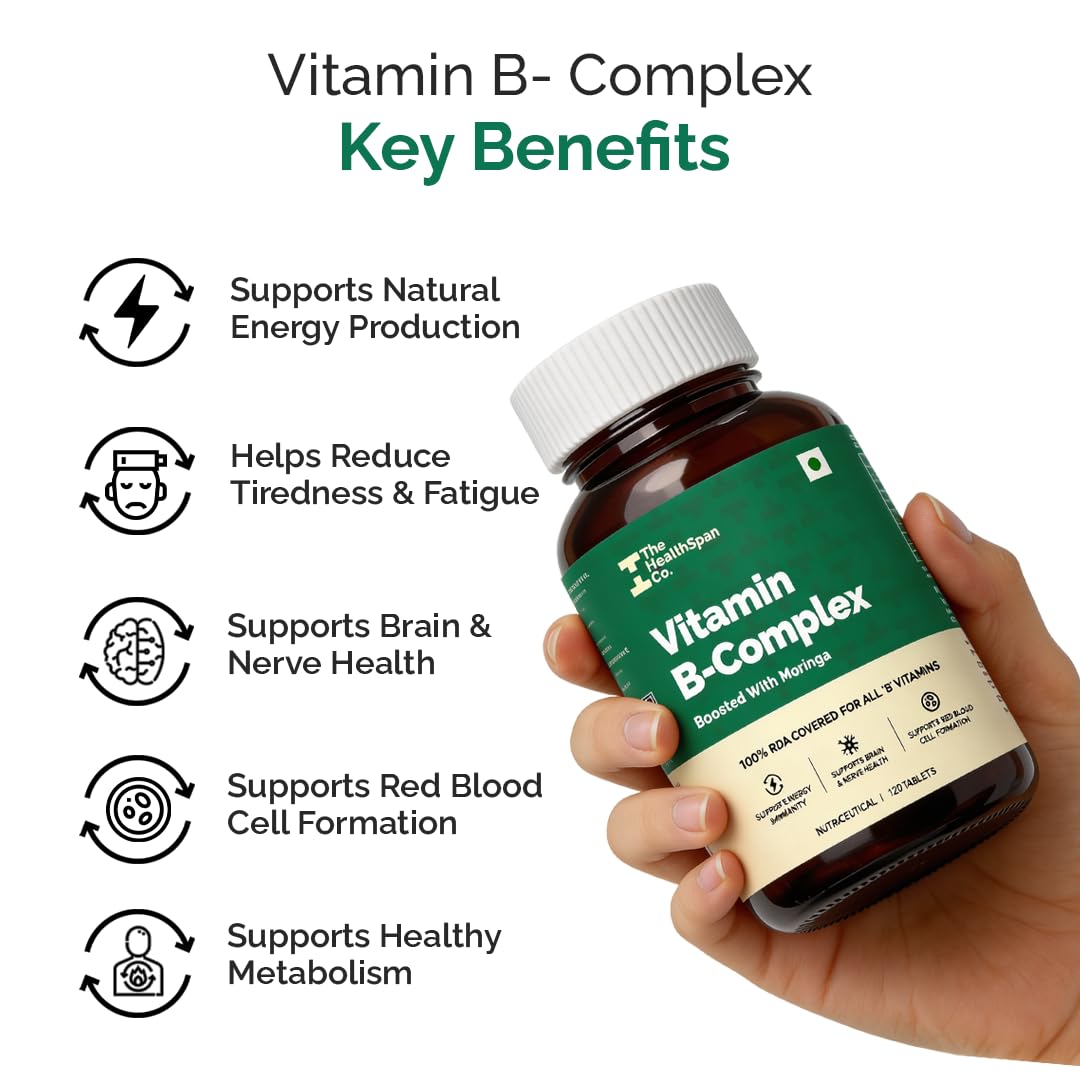 The Healthspan Co. Vitamin B-Complex 120 Veg Tablets-100% RDA for B Vitamins with B1, B2, B3, B5, B6,B7, B9 & Vitamin B12 Supplement | Vitamin B Complex Supplements for Women & Men| Along with Moringa