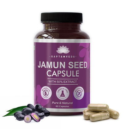 SAPTAMVEDA Natural Jamun Seed Powder Capsules With 50% Extract Pack 1,500 Mg (60