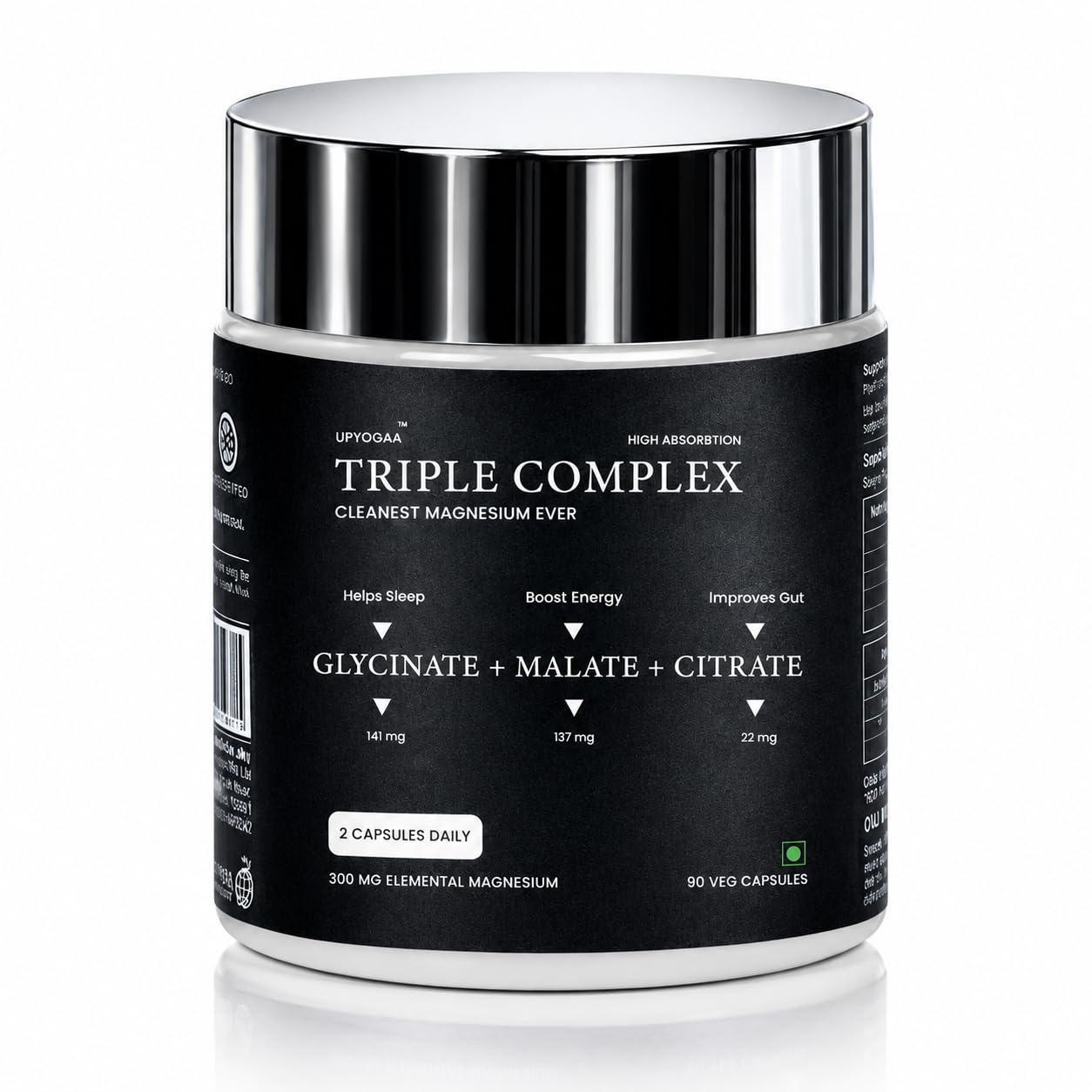 Upyogaa Triple Magnesium Complex Chelated Glycinate, Malate, and Citrate 90 Veg Capsules for better Sleep, Energy, Gut & occasional constipation support, no extra additives, 300 mg pure Elemental Magnesium