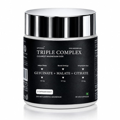 Upyogaa Triple Magnesium Complex Chelated Glycinate, Malate, and Citrate 90 Veg Capsules for better Sleep, Energy, Gut & occasional constipation support, no extra additives, 300 mg pure Elemental Magnesium