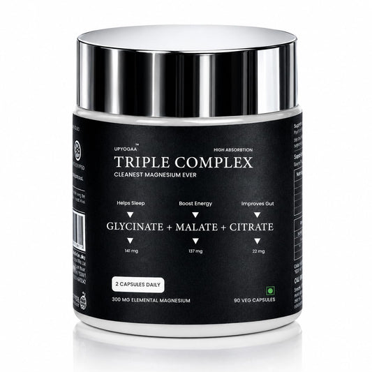 Upyogaa Triple Magnesium Complex Chelated Glycinate, Malate, and Citrate 90 Veg Capsules for better Sleep, Energy, Gut & occasional constipation support, no extra additives, 300 mg pure Elemental Magnesium