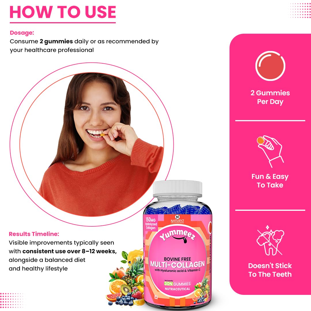 Naturyz Bovine Free Multi Collagen Gummies for Skin Health | Hyaluronic Acid, Vitamin C, Vitamin E & Biotin | Skin Elasticity, Hydration & Glow Supplement | Hydrolyzed Peptides with Type I, II, III, V & X | Easy-to-Absorb Gummy | No Added Sugar, Delicious