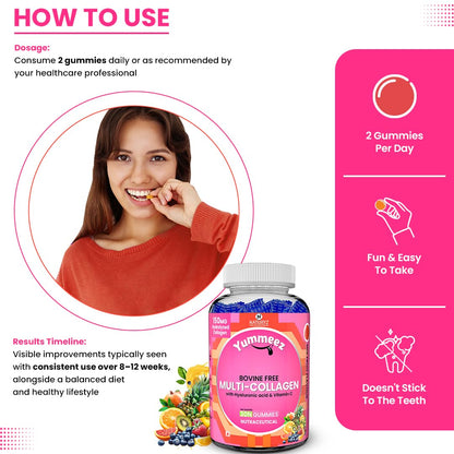 Naturyz Bovine Free Multi Collagen Gummies for Skin Health | Hyaluronic Acid, Vitamin C, Vitamin E & Biotin | Skin Elasticity, Hydration & Glow Supplement | Hydrolyzed Peptides with Type I, II, III, V & X | Easy-to-Absorb Gummy | No Added Sugar, Delicious