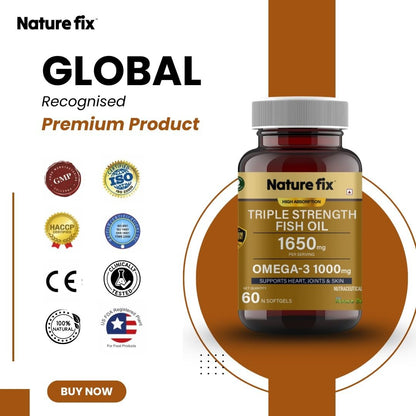 Nature Fix Triple Strength Fish Oil 1650mg – Omega-3 1000mg (Supports Heart, Joints & Skin) – 60 Softgels