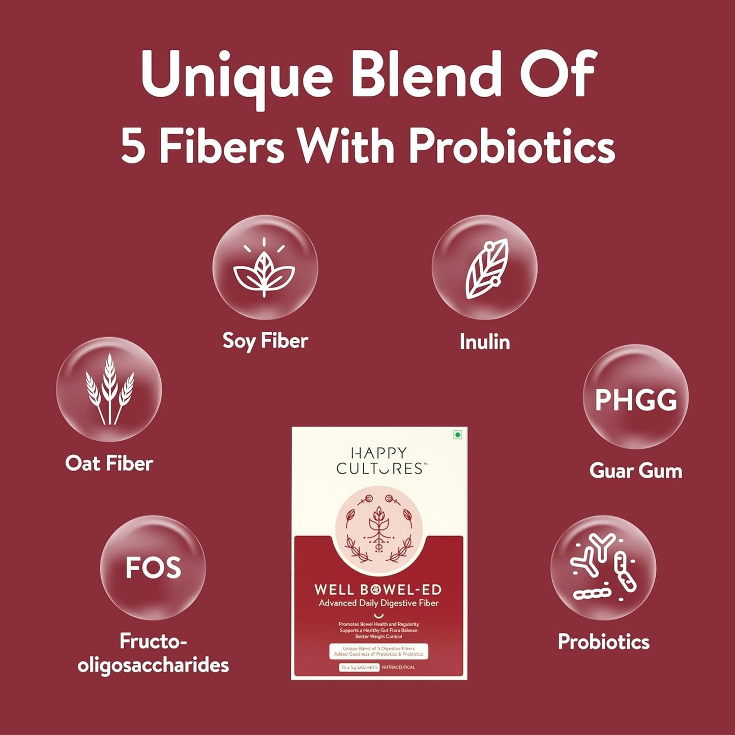 Happy Cultures Well Bowel-ed Unique Blend of 5 Digestive Fiber & Probiotics, Promote Bowel Health Reduce Constipation Gas Bloating Acidity, Blood Sugar Levels, Unflavored 15 Sachets