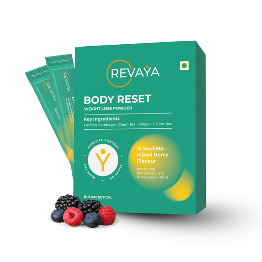 Revaya Body Reset | Plant-based Wellness Powder, Helps in Weight Loss & Metabolism Support with Garcinia, Green Tea & L-Carnitine | Sugar-Free & Natural Formula | 15 Sachets | Mixed Berry Flavour