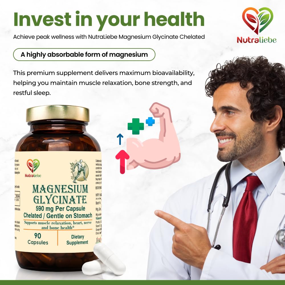 NutraLiebe Magnesium Glycinate Chelated - High Absorption - Supports Muscle Relaxation, Bone Health & Sleep - 90 Capsules (1)