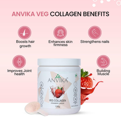 Anvika Veg Collagen Powder | Plant-Based Collagen Builder for Hair, Skin & Nails | Strawberry Flavor | 150g | Supports Skin Elasticity | Hair Growth & Joint Health