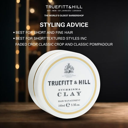 Truefitt & Hill Hair Styling Clay | 100gm | Best for Short to Medium Hair |Strong Hold| Matt Finish |Restylable | Easy Wash Off | Hair Styling Clay|Hair Styling For Men|Safe For Daily Use|Non Greasy|Non Oily Look|Wheat Protein & Limonene