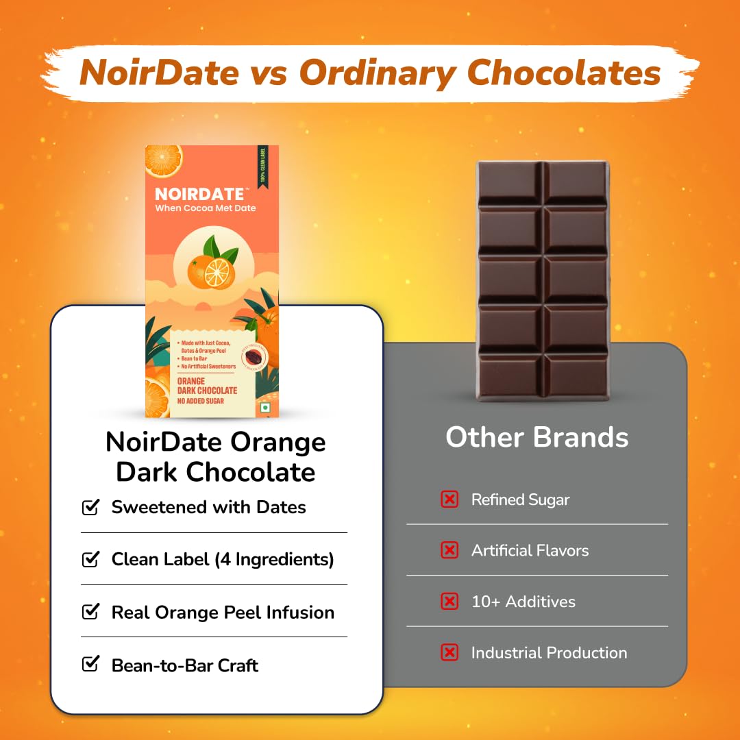 NoirDate Orange Dark Chocolate - 75g, Bean to Bar, Sweetened with Dates, Refined Sugar Free, Clean Label, Healthy & Tasty Indulgence, Vegan, Gluten-Free, Antioxidant Rich (Pack of 1)