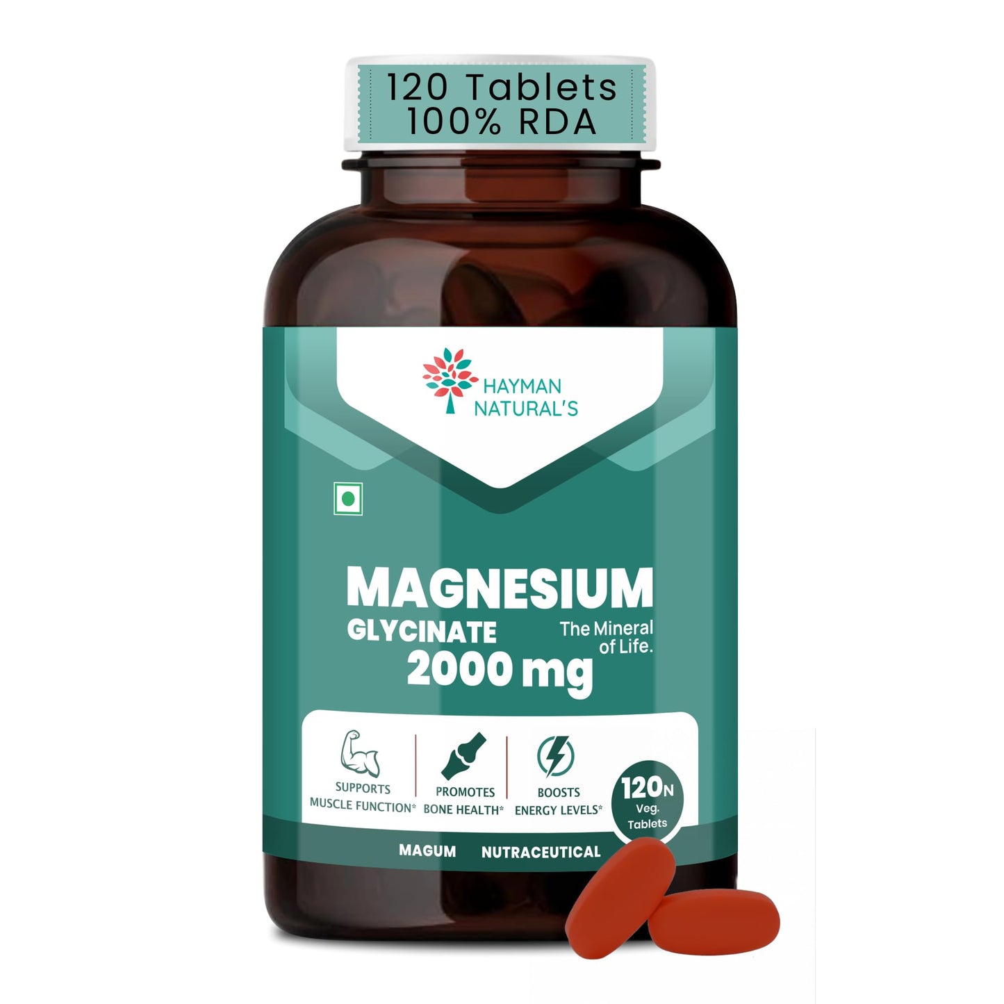 Hayman Natural's Magnesium Glycinate Tablets 2000mg – High Absorption Chelated Magnesium Supplement – Supports Muscle Recovery, Sleep, Nerve & Heart Health – for Men & Women – 120 Veg Tablets