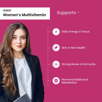 NUVOX Women's Multivitamin | For Women | With Vital Nutrients including Zinc,Magnesium,Vitamin B,C,D, Calcium for Energy, Immunity, Radiance, Strong Bones and Overall Health| Veg - 30 tablets