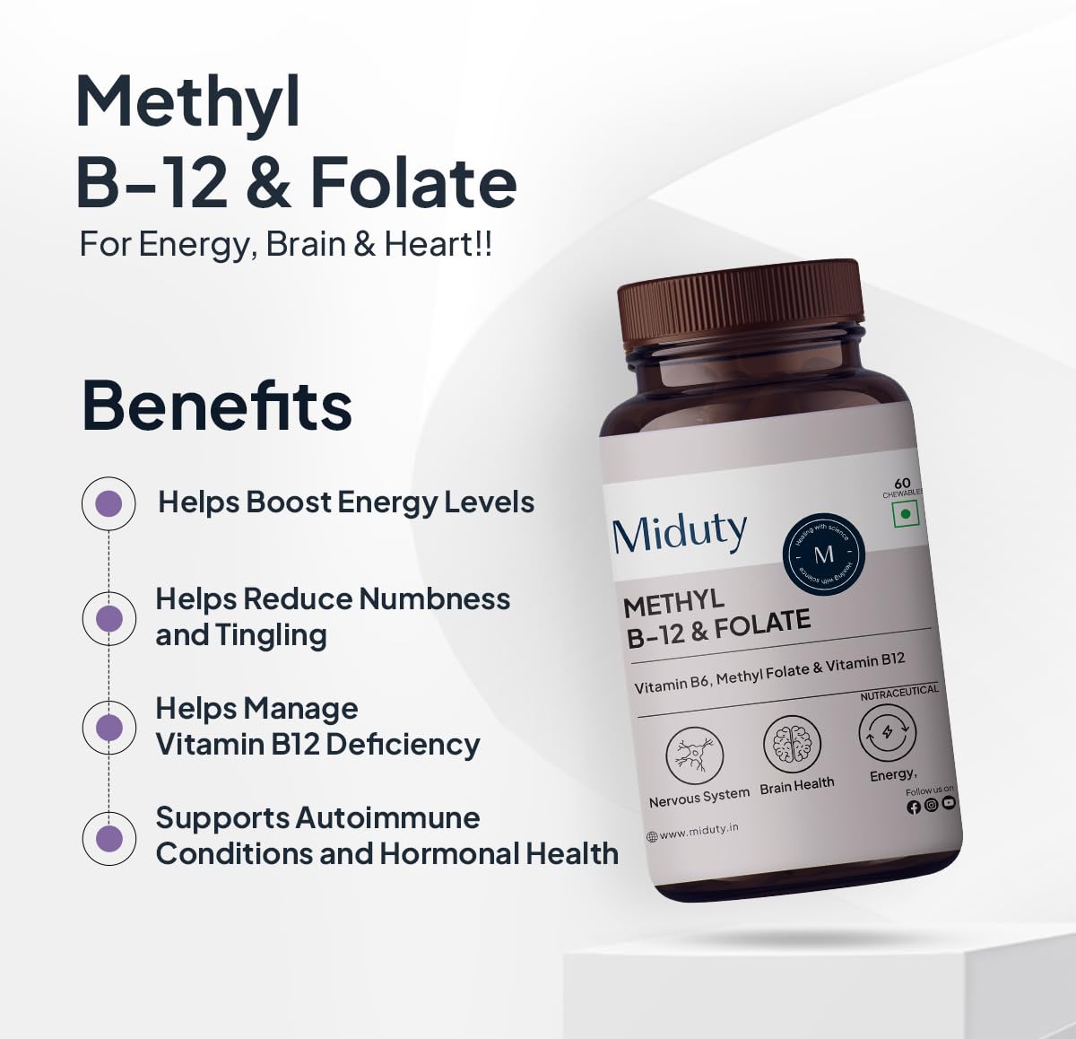 Miduty Vitamin B12 – Active Methylcobalamin - Bioactive B-Complex with B6, B9, B12 – Triple Power Punch Formula for Energy, Mood, Brain & Nerve Support – Fast Absorbing Chewable – 60 Veg Tablets