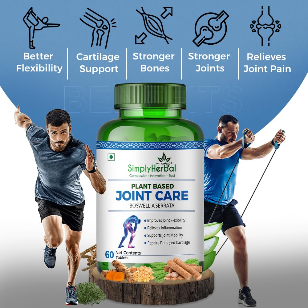 Simply Herbal Plant Based Joint Care Tablets for Joint Support, Strong Bones & Relives Joint Pain Supplement | Moringa, Boswellia Serrata, Eucalyptus, Green Amla, Green Turmeric, Alfalfa, Aloe Vera (60 Tablets)